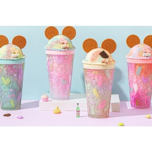 480ml Summer Crushed Ice Cup Double Layer Large Capacity Mouse Head Shaped with Straw Milkshake Smoothie Cups Iced Drinks Mug