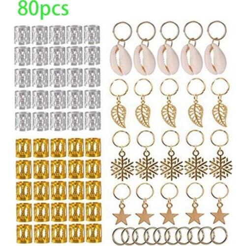 80Pcs Women Girls Dreadlocks Beads Hair Braid Rings Clips DIY Braiding Metal Cuffs Jewelry Pendants Hair Decoration Accessories