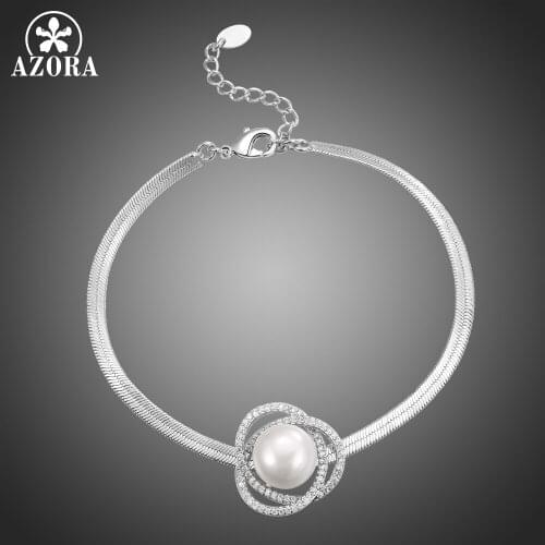 AZORA Wholesale Pearl Flower-Shape Chain Bracelet for Women Girl Wedding Banquet Clear Cubic Zircon Fashion Jewelry Gift TS0207
