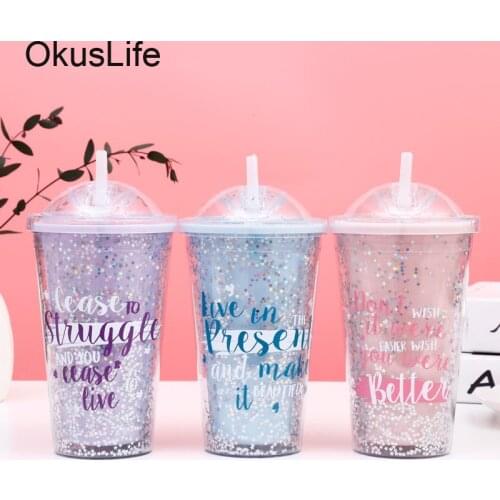 2 layers Portable Hand Cup Star Glitter Water Cup with Straws Lid Cola Coffee Plastic Travel Cup Drinking Cup Home Office Gifts