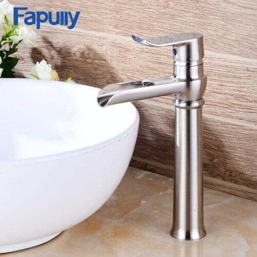 Fapully Bathroom Basin sink Faucet Mixer Tap Stainless Steel Single Lever Basin Faucet Tall Waterfall Basin Faucets 535-22N