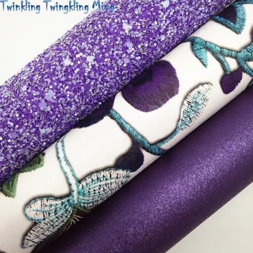 Purple Chunky Glitter leather, Flowers Printed Faux Leather, Fine Leather For Bow A4 21x29CM Twinkling Ming KM112