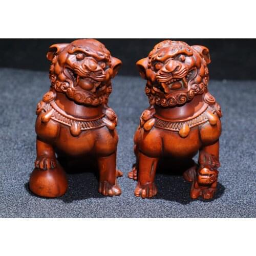 4"China Folk Collection Old Boxwood Lion statue A pair Lucky Office Ornaments Town House Exorcism