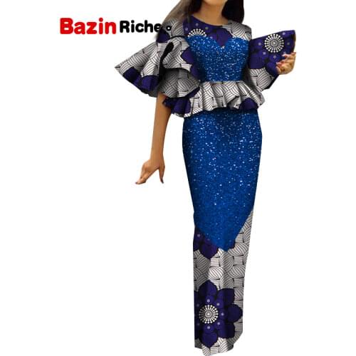 Ankara Skirt and Top Set 2021 Fashion Clothing for Women Glitter Fabric Patchwork Ropa De Dama Ankle Length Party Dresses WY5550