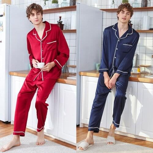 Summer Ice Silk Pajamas MenS Autumn Long-Sleeved Trousers Suit Fashion Cardigan Loose Home Service Silk Thin Sleepwear пижам