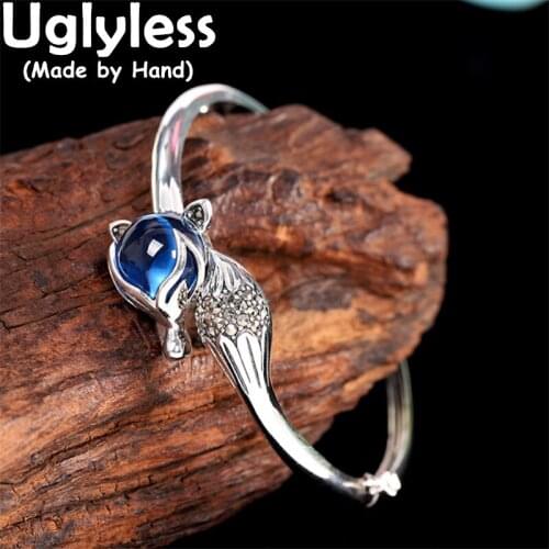 Uglyless LOVE Magic Fox Bangles for Women Gemstones Chalcedony 925 Silver Bangles Vintage Marcasite Fox Tail Fine Jewelry BA607