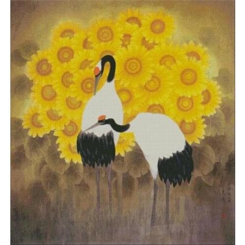 Crane sunflower flower Sewing kit Top Quality Embroidery Needlework 14CT Unprinted Cross Stitch Kits DIY Handmade Home Decor