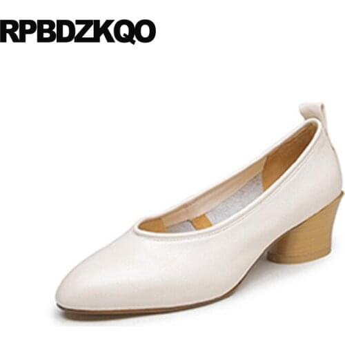 Genuine leather office retro medium heels round toe beige 2019 pumps size 4 34 thick light blue women shoes chunky block formal
