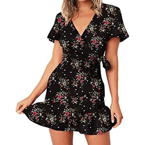 New Stylish Women Leisure Print Short Sleeve Wrap Front V Neck Lacing Ruffle Hem Elegant Mini Dress for Date Party Streetwear