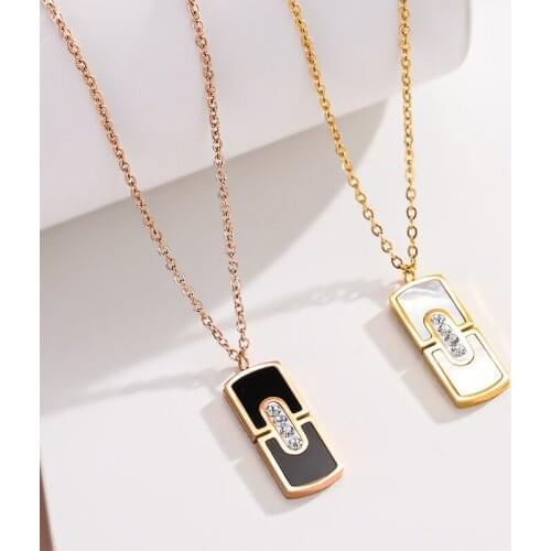 New Elegant Light Luxury Rectangle Black White Shell Pendant Women Necklaces Fashion Middle Zircon Inlaid Female Party Jewelry