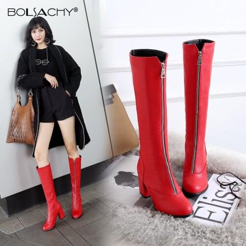 Autumn Winter Fashion Zipper Chelsea Boots 2021 New High Heel Boots Women Round Toe Square heel Knee High Boots Red Black White