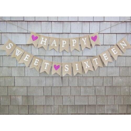 Personalized age happy sweet sixteen birthday burlap Banners Anniversary wedding party Buntings garlands Photo Prop