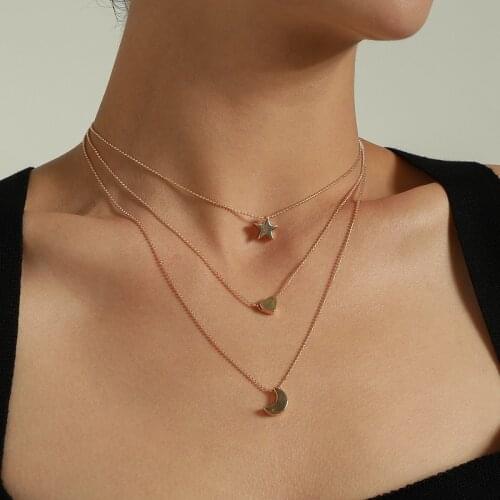 Trending Elegant Heart Star Moon Pendant Necklaces for Women Multilayer Geometric Beads Chains Necklace Colar Jewelry Gift
