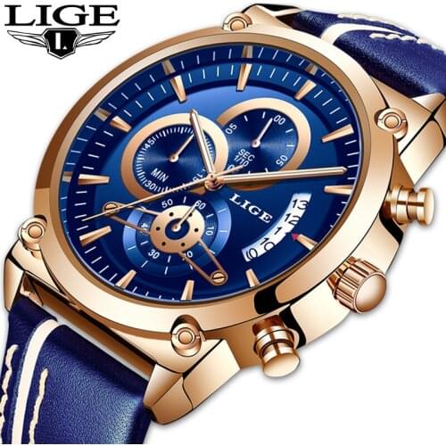 Reloj Hombre LIGE New Mens Watch Chronograph Analog Quartz Watch Men Date Creative Dial Blue Leather Strap Waterproof Watches