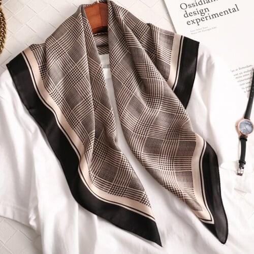 Luxury Silk Satin Head Scarf For Women Plaid Print Kerchief Neck Scarfs 70cm Square Shawls and Wrpas Scarves For Ladies Dropship
