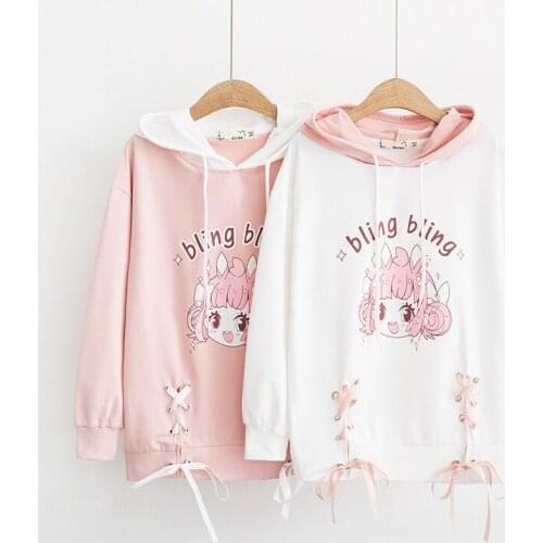 Kawaii Ear Hooded Tops Girls Lace Up Cross Hoodies Sweatshirts Women Autumn Cartoon Long Sleeve Loose Warm Pink Hoody Pullover