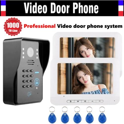 7 Inch Screen Video Door Phone Intercom System 1000TVL Password Code Keypad Camera 5pcs ID Card Video Doorbell Kit 2-monitor