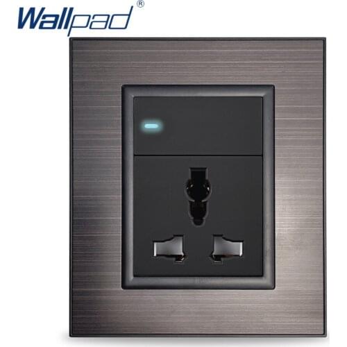 Wallpad 1 Gang 2 Way With LED Indicator 3 Pin MF Socket Black Stainless Steel Panel Wall Electric Power Outlet 10A AC 110~250V