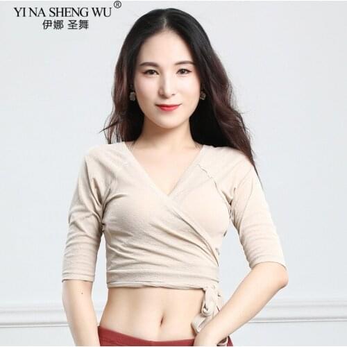 New Belly Dance Clothes T-shirt Model Sexy Deep V Neck Cross Oriental Dance Top Women Bellydance Half Sleeves Tops Practice Wear