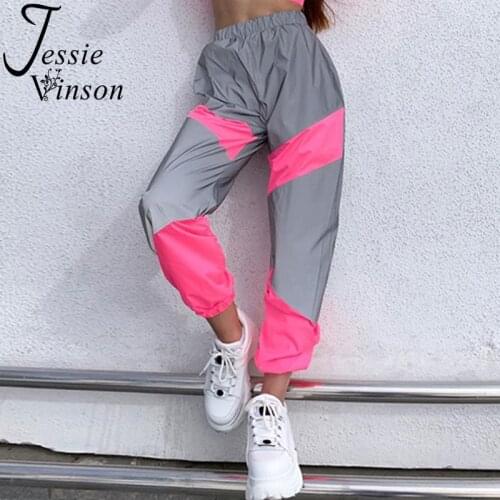 Jessie Vinson Color Block Reflective Long Jogger Pants Women Hip Pop Pants Trousers Female Light Illuminated Long Runnin Pants