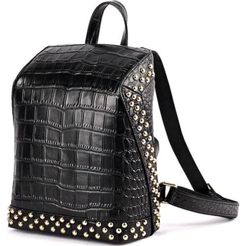 Split leather crocodile pattern women rivet large leisure backpack
