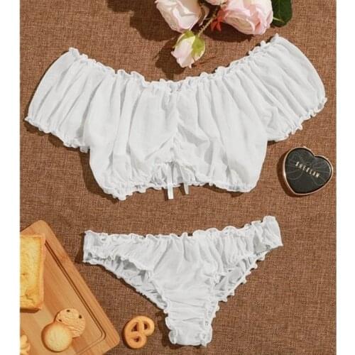 2021 Summer Women Sweet Sexy 2 Piece Set Mesh Lingerie Babydoll Sleepwear Pajamas Off Shoulder Solid Crop Top+Shorts Clothing