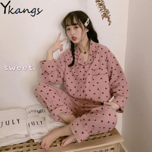 Sweet Pink Women Pajamas Sets Pyjama Cute Cartoon Printed Button Top+Long Pants 2Pcs /lot Pijama Plus Size Sleepwear Lounge Wear