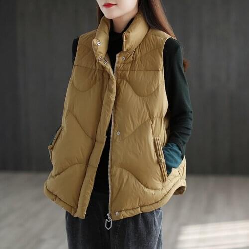 Women Duck Down Vest Winter Autumn Down Vest Khaki Stand Collar Gilet Sleeveless Puffer Parkas Female Stand Collar Waistcoat