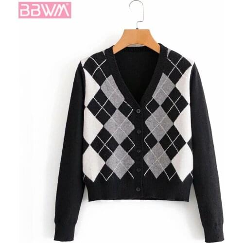 Retro V-neck Diamond Color Block Knit Long-sleeved Womens Sweater Harajuku Korean Single Breasted Female Cardigan