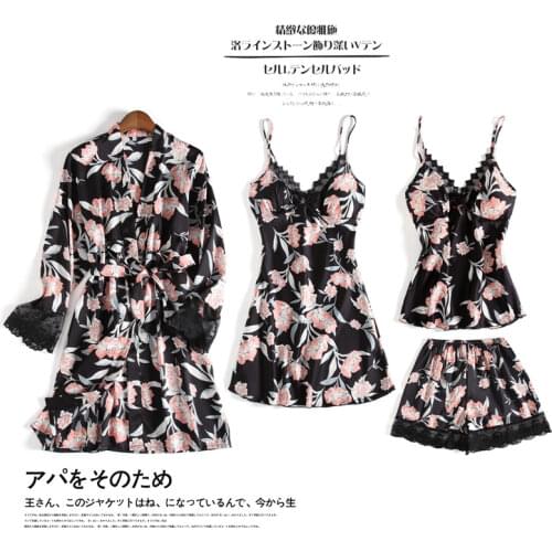 2020 Summer Fashion 4PCS Silk Satin Nightgowns Robes Sets for Women Sexy Lingerie Lace Nightdress Sleepwear Bathrobe Night Dress