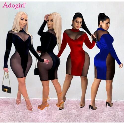 Adogirl Sexy Sheer Mesh Patchwork Velvet Mini Bodycon Dress S-3XL Turtleneck Long Sleeve Short Vestidos Night Club Party Robes