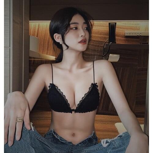 Summer Ultra Thin Sexy French Style Front Closure Triangle Gather Bra Woman Light Soft Lingerie Seamless No Rim Bikini Brassiere