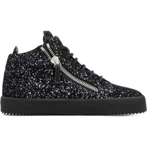 Black Bling High Top Thick Sole Casual Shoes Men Double Zipper Male Glitter Unisex Sneakers Flat Leisure Trainer Shoes