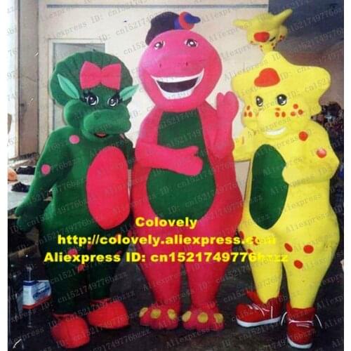 Friendly Colourful Barneys Friends Barney Baby Bop BP Bob And BJ Dinosaur Dino Mascot Costume With White Even Tooth No.7018 FS