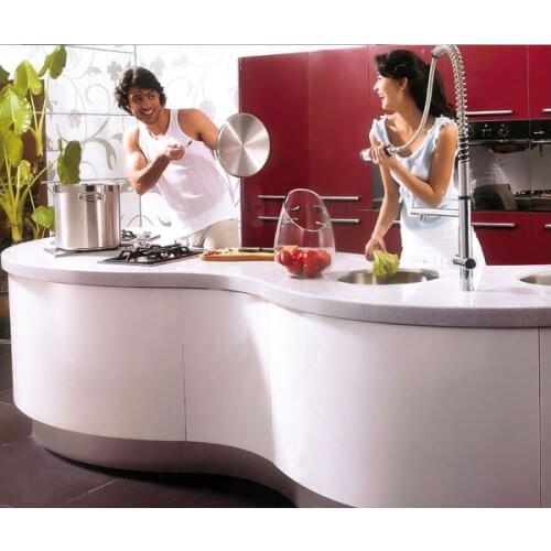 Curved white and red lacquer kitchen cabinet