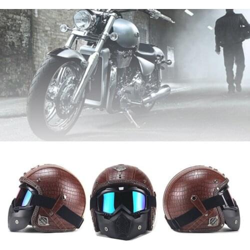 Brown Motorcycle Helmets 3/4 Open Helmet PU Leather + Goggle Mask Vintage Style XLL