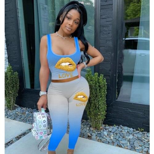 TNNAOFF Aesthetic Lips Print 2 Piece Tracksuits Women Set Sleeveless Tank Tops Sexy Elastic Sweatpans Lounge Wear Matching Sets