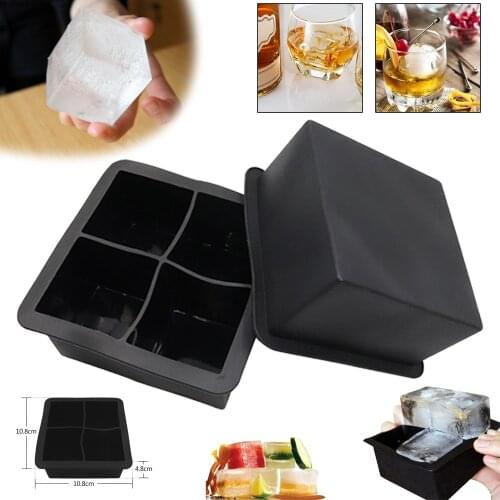 Black 4 Big Grids Food Grade Silicone Ice Cube Make Giant Silicone Ice Cube Square Jumbo Mould Bar Tools Kitchen Accessories