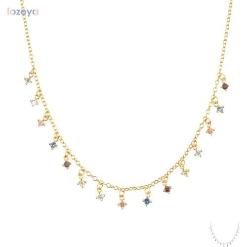 Lozoya 925 Sterling Silver Sage Zircon Rainbow Charm CZ Fox Five Zircon CZ Choker Long Chain Necklace Crystal Wedding Jewelry