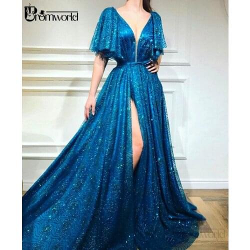Fashion Blue Evening dresses 2020 Unique Sweetheart Cap Sleeve Front Split A-line Sequined vestidos de gala Prom Gown Long