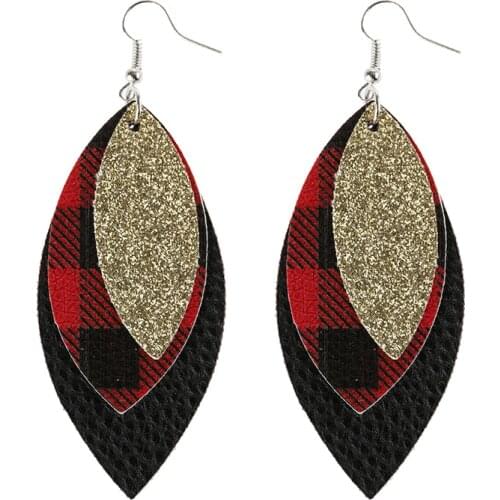 New! New! Leopard Three Layers Glitter Buffalo Plaid Leather Earrings Vantage Layered Teardrop Leaf Earrings Jewelry Custom