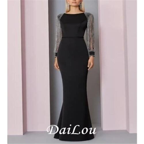 Mermaid / Trumpet Mother of the Bride Dress Sparkle & Shine Jewel Neck Floor Length Stretch Satin Long Sleeve with Crystals 2021