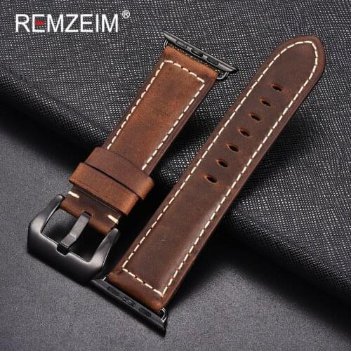 REMZEIM Handmade crazy horseskin Leather Watch Band For Apple Watch series 1/2/3 42mm 38mm strap for iwatch series 5 4 40 44mm