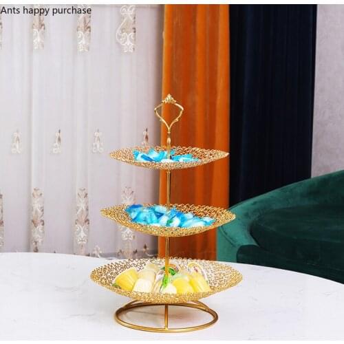 Creative Golden Crown Metal Hollow Fruit Tray Three/Double Household Candy Snack Bread Tray Coffee Table Desktop Storage Tray