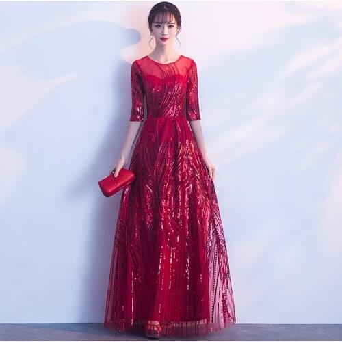 Evening Dress Sequins O-Neck Elegant A-Line Empire Half Sleeves Simple Floor-length Plus size Women Formal Party Dresses C1240