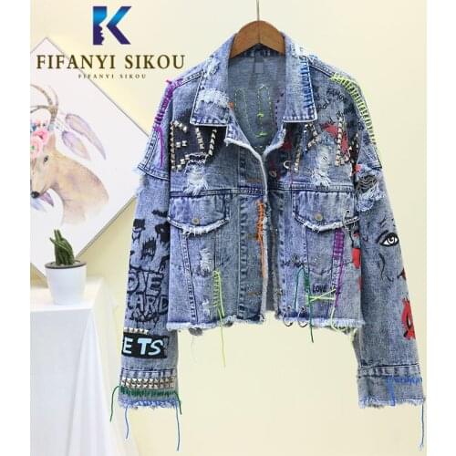 Streetwear Women Graffiti Print Denim Jacket Short Coat Rivet Hole Embroidery Long Sleeve Jeans Jacket Female Hip hop Jeans Coat