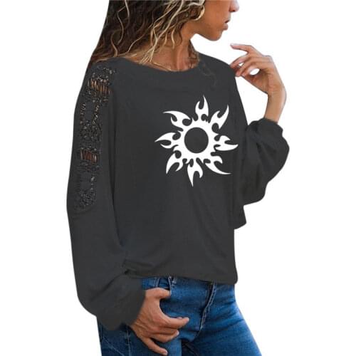 Sun totem Print Female T Shirt Funny Teeshirt Women Clothing Casual Long Sleeve Large Size Loose Lace Tops Tee