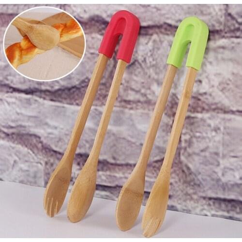 1Pc Wooden Salad Cake Snack Clip Grip Bamboo Food Toaster Tongs Silicone Handle Bread Tongs Kitchen Tools Clamp
