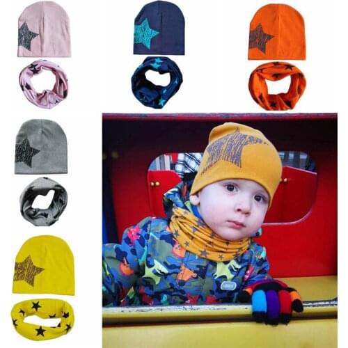 2Pcs/Set Winter Baby Hat Scarf Children Girl Boys Star Print Cotton Cap Beanie O Ring Collar Autumn Warm Kids Scarves Caps