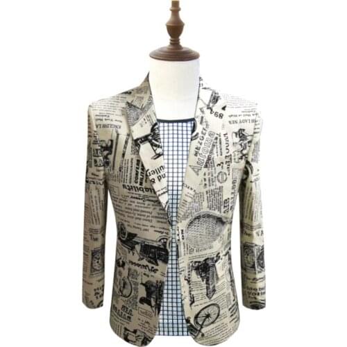 Newspaper Print Blazer Slim Fit Prom Party Club Blazer Men Suit Jacket DJ Host Stage Wedding Designer Cotton Blazer Homme 5xl